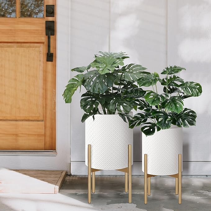 Oakrain Planters for Indoor Plants, Set of 2 Modern Planter with Stand, Decorative Metal Planter Pots for Living Room, Office, Garden, Balcony, 8"&10", Cream White
