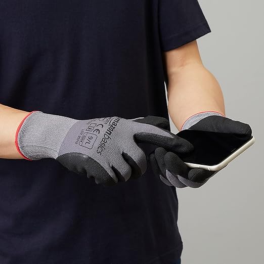 Amazon Basics Micro-Foam Nitrile Coated Safety Work Gloves, Nylon Liner Fiber, Touch Screen Compatible, Grey, Size 9, Large, 6-Pack