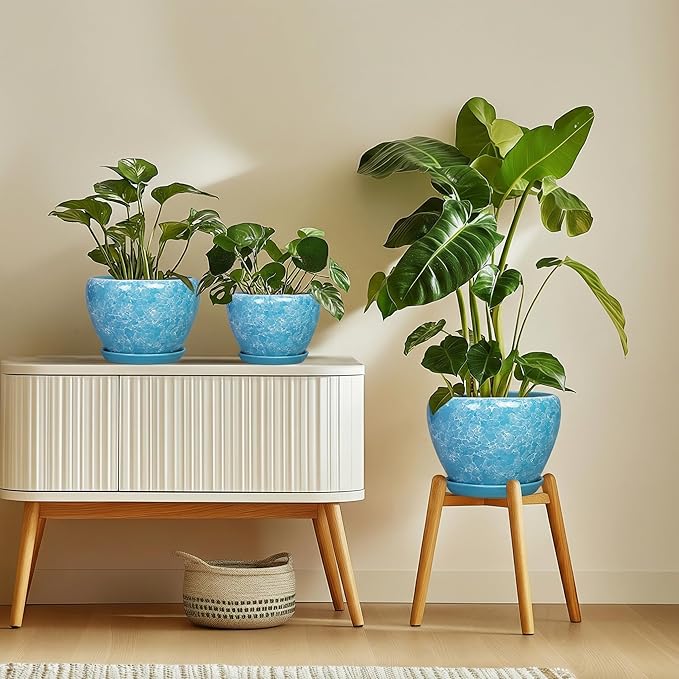 8 Inch Pots for Plants - Ceramic Planters for Indoor Outdoor Plants, Decorative Plant Pots with Drainage Hole and Saucer, Round Indoor Flower Pot, House Decor, Gardening Gifts, Bubble Blue
