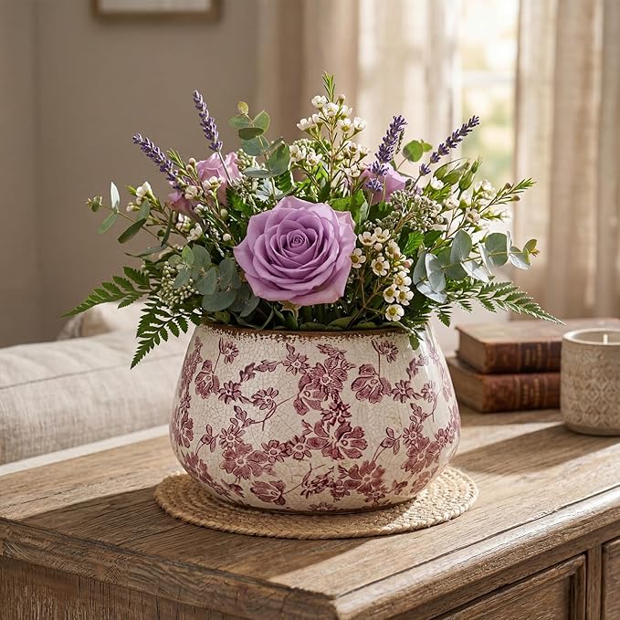 9.8 Inch Large Vintage Ceramic Planter Ice Crack Glaze Pink Rose Floral Flower Pot with Drainage Hole Rustic Decorative Plant Pots Gifts for Home Kitchen Office Indoor Outdoor Plants