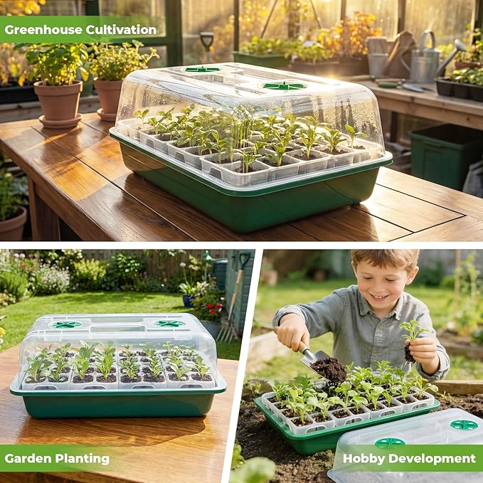 HIRALIY 80 Cell Seed Starter Tray Kits with Grow Light, Reusable Plant Germination Trays, Easy Transplanting, with Domes and Bases, for Starting Vegetable, Flower, Herb, Indoor Gardening, Greenhouse