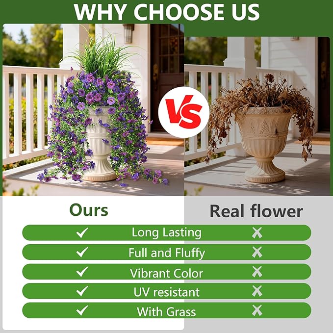 Hommyea Artificial Hanging Flowers for Outdoors with Wheat Grass, 5 Pcs Fake Hanging Plants for Spring Decor, UV Resistant Faux Silk Flower Greenry for Planter Porch Patio Yard Garden(Double Purple)