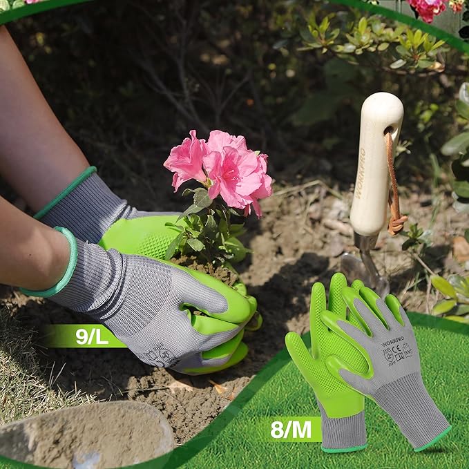 WORKPRO 6 Pairs Garden Gloves, Work Glove with Eco Latex Palm Coated, Gardening Glove, Working Gloves for Weeding, Digging, Raking, and Pruning (Large)
