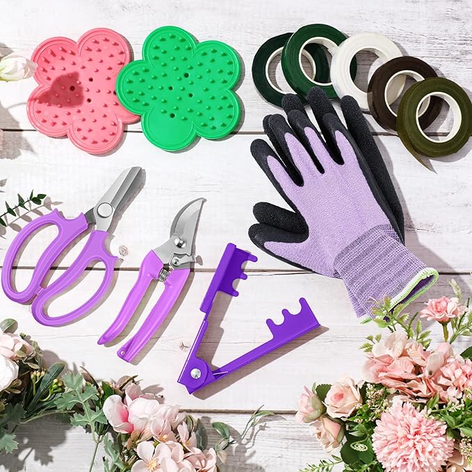 WILLBOND Floral Arrangement Kit, Valentine Rose Thorn Stripper Tool Garden Pruning Shears Scissors Rose Thorn Remover Pruner Trimmer Gloves Tapes Florist Garden Tool Gift Kit for Women(Purple)
