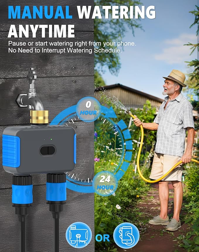 WiFi Sprinkler Timer, Smart Bluetooth Hose Timers, Water Timer for Garden Hose with APP, Digital Automatic Irrigation System Compatible with Alexa Google, for Outdoor Garden Lawn, 2 Outlet
