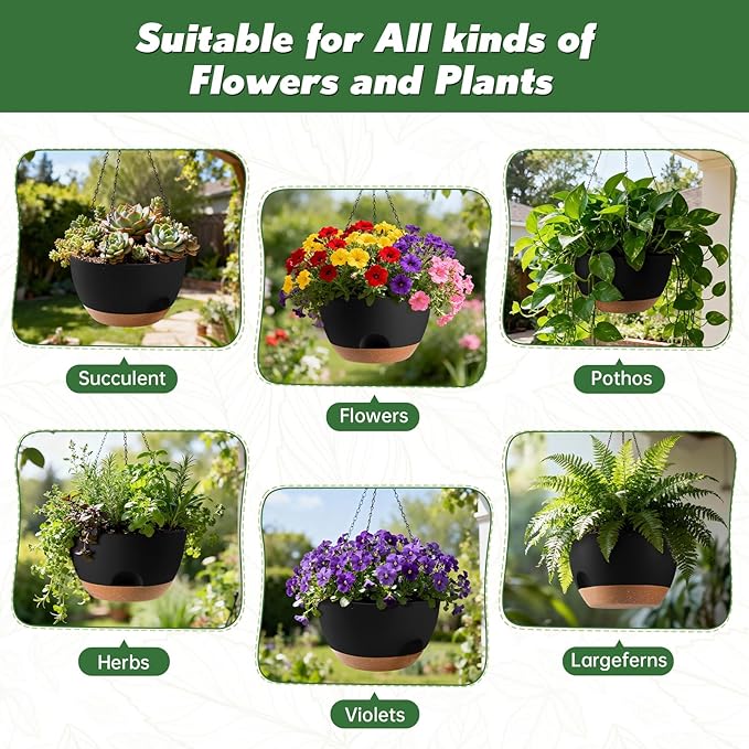 4-Piece Set of 8-Inch Hanging Planters with Automatic Watering System and Drip Tray, Includes Metal Chain, Suitable for Various Indoor and Outdoor Plants and Flowers, Black-Brown