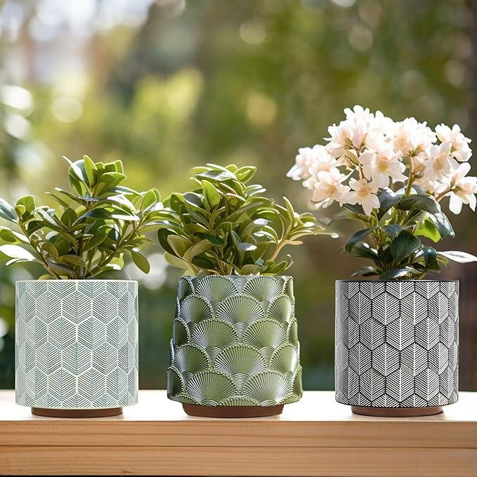 GUGUGO Plant Pots Hexagonal Pattern, Boho Modern Planters for Indoor Plants, Unique Decorative Flower Planter Pot with Drainage, Cute Small Succulent Pots, Eclectic Funky Gardening Pot Gifts, White