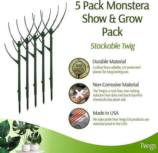 Twigs GA - Stackable Monstera Plant Support Stakes, Climbing Support for Indoor & Outdoor Use, Plant Accessories, Aesthetic Alternative to Moss Poles & Trellises – Monstera Green, 5 Pack, 17" L