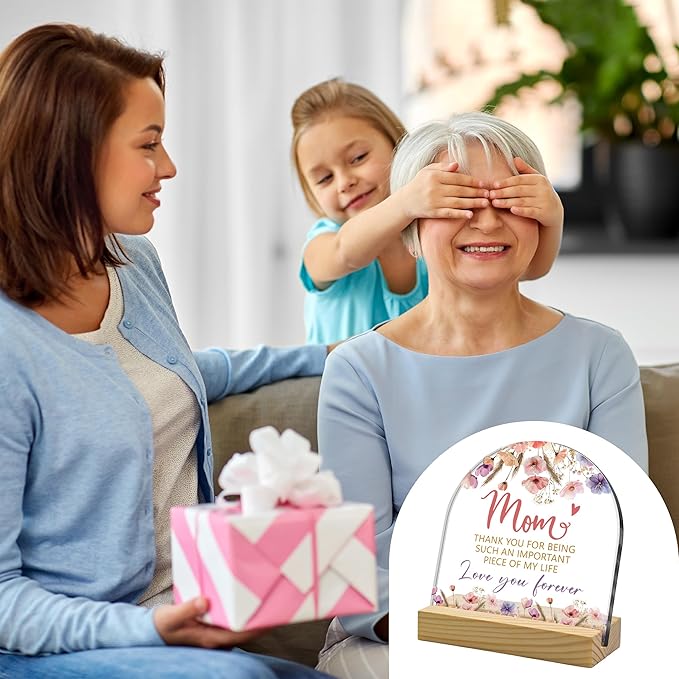Gifts for Mom Floral Arched Acrylic Sign with Wooden Stand – Heartfelt Gifts for Mom from Daughter & Son, Unique Birthday, Mother’s Day, Christmas & Retirement Keepsake, Desk & Home Decor