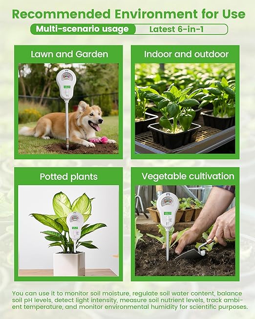 6-in-1 Soil Moisture Meter with 3 Probes, PH/Sunlight/Soil Moisture/Fertility with 3 Removable Probe, Digital Air Temp/Humidity, Soil Tester for Garden, Lawn, Indoor and Outdoor Plants