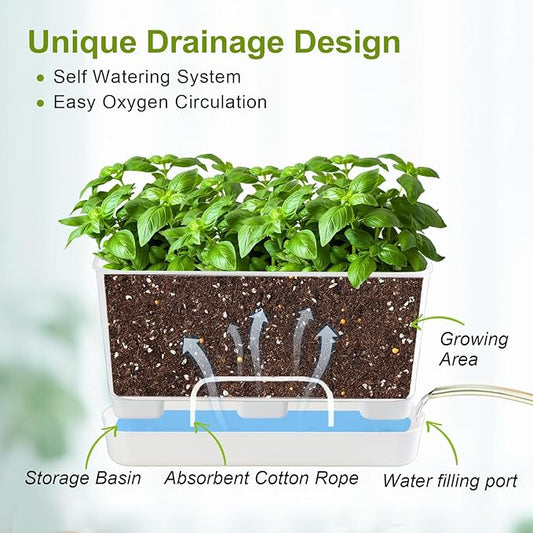 Oliz Self Watering Planters: 4 Packs Rectangular Plant Pots with with Drainage and Tray, 10 Inch Window Pot Self Watering Planter for Herb, Houseplants