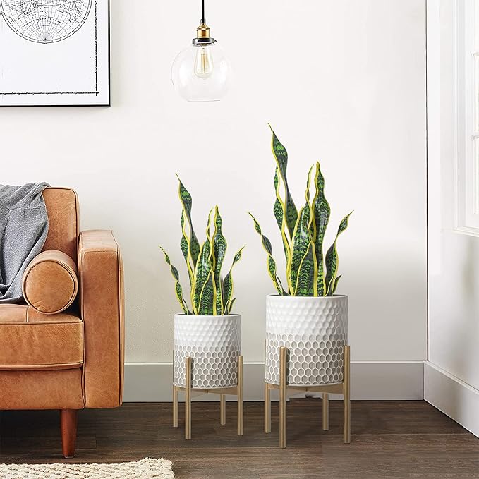 Oakrain Mid Century Planters for Indoor Plants, Set of 2, Modern Decorative Metal Planter Pots for Living Room, Office, Garden or Balcony, Gray and White Gradient Planter with Stand, 8"&10"