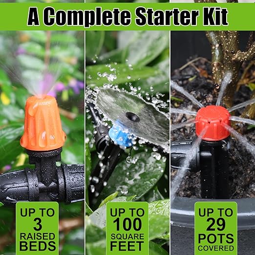 100FT Drip Irrigation System Kit, Automatic Watering System with 30 Adjustable Nozzles & 30M 1/4" Tubing – DIY Solution for Gardens, Greenhouses, Patios & Lawn – Effortless Plant Care + Water-Saving