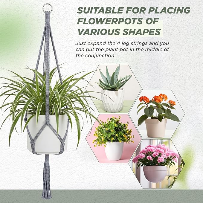 EBOOT 2 Pack 48 Inch Large Macrame Plant Hanger Rope to Hang Flower Pot Plant Holder for Indoor Outdoor Decorations, 4 Legs (Grey)