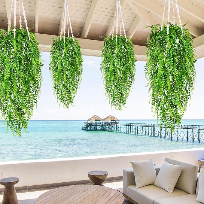 Waipfaru 4Pcs Fake Ferns Fake Hanging Plants Artificial Ferns for Outdoors,UV Resistant Plastic Fake Plants for Indoor Wall Porch Wedding Party Holiday Decor