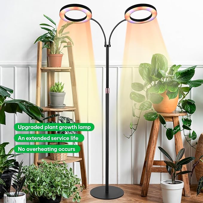 Dual-Head Grow Lights for Indoor Plants, LED Full Spectrum Floor Plant Lamp with Timer 3/9/12H, 10 Dimmable Levels, Flexible Gooseneck, Height Adjustable 23"-67" for Large Houseplants