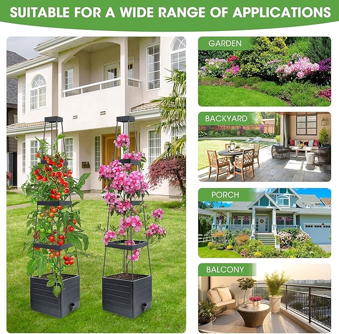 MYMULIKE Raised Garden Bed 4 Packs, Planter Boxes with Trellis 58.3'' Tomato Planters for Climbing Vine Vegetables Flowers Plants Self Watering Tomatoes Cage for Outdoor Patio Greenhouse