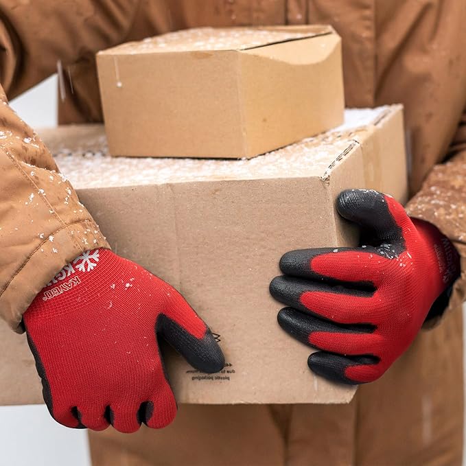 KAYGO 12 Pairs Winter Work Gloves for Men and Women, Thermal Insulated Safety Work Gloves PU Coated, Super Grip,Ideal for Freezer Work,Red,XL