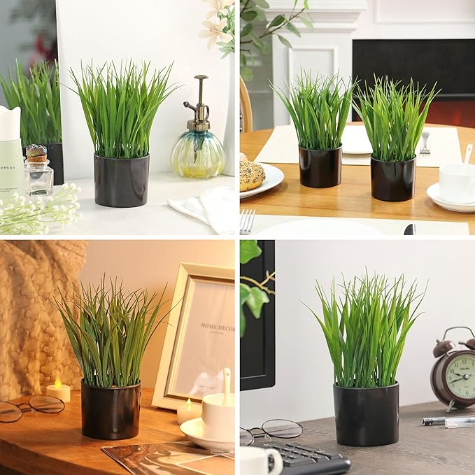 2 Pack Fake Plants Indoors Potted Wheat Grass Faxu Plants for Desk Table Shelf Decor, Artificial Plants Greenery Indoor for Bathroom Office Kitchen Living Room Home Decoration