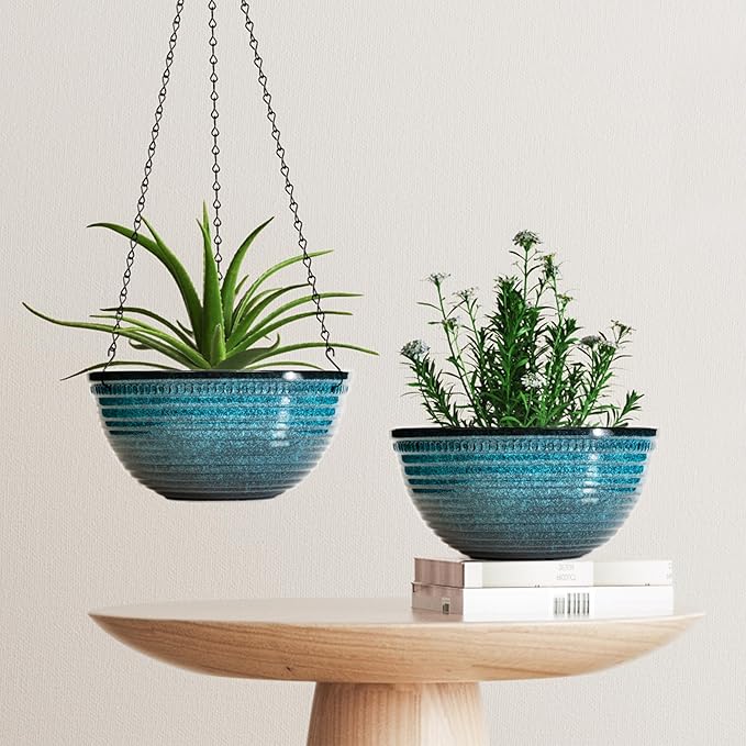 Vanslogreen 12 inch Hanging Planters for Indoor Outdoor Plants, 2 Pack Large Hanging Flower Pots with Drainage Holes and Chain, Glazed Hanging Baskets for Home Garden Decoration, Blue