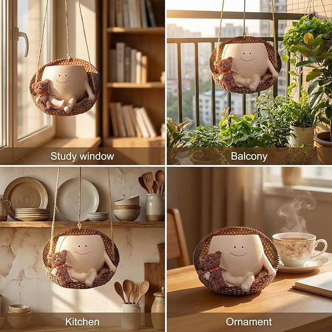TEARS OF GAIA Hanging Planters for Indoor Plants, Smiley Face Planter Pot Cute Resin Flower Head Planters with Drainage, for Mom, Funny Succulent Plant Lover Gift for Plant Lovers (Teddy Bear)