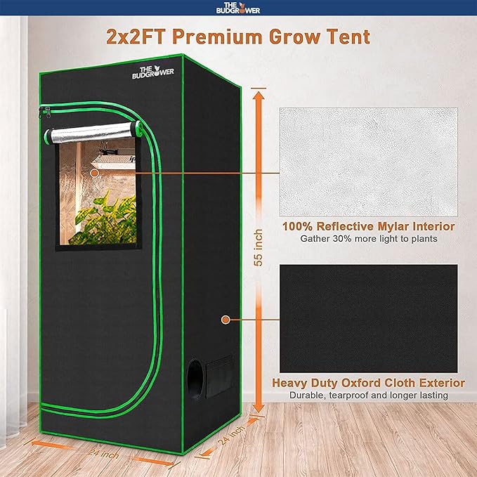 The Bud Grower - Indoor Home Grow Kit - Complete with Tent, 600 Watt LED (Dual 300-Watt) Grow Light, Heat & Humidity Monitor, and CFM Inline Exhausting Fan, & Premium Potting Soil - 24" x 24" x 60"