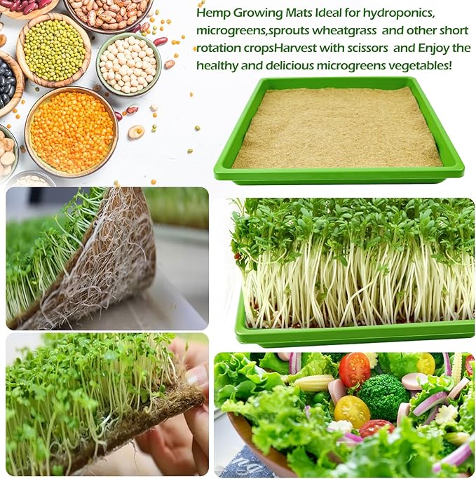 9Set Microgreens Growing Mat with Tray, Microgreen Growing Kit 10″×10″ Wheatgrass Seed Sprouting Starter Mat Hemp Fiber Grow Hydroponic Jute Pad Indoor Organic Production for Germination Sprouts(G)