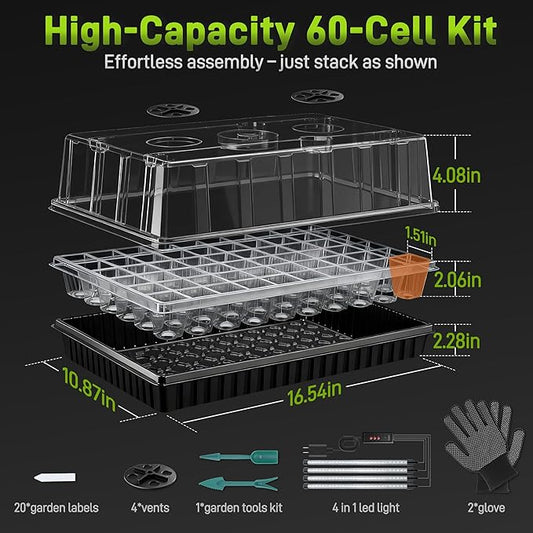 Mulctun 120-Cell Seed Starter Tray with Grow Light, Seedling Starter Trays with 4.08" Humidity Dome, Self-Watering Plant Germination Trays,Seed Starter Kit for Seeds Growing (Black)