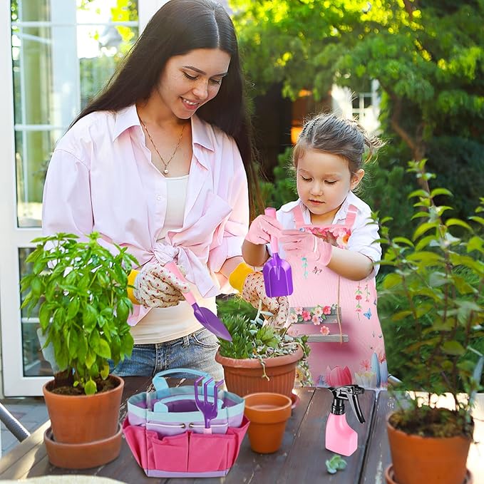 Kids Gardening Tool Set - Garden Tools for Kids with Shovel Trowel Rake Apron Gloves Watering Can and Tote Bag, Outdoor Toys Great Gifts for 3 4 5 6 7 8+ Years Old Girls (Flower Style)
