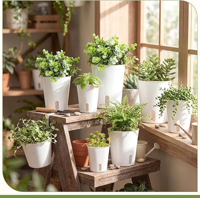 Ziliny 9 Pcs Self Watering Pots Plastic Plant 3 Sizes Flower Plant Pot with Inner White Flower Pots for Indoor House Plants Plastic Self Watering Pot for Herbs Flowers (Xs,S,M)