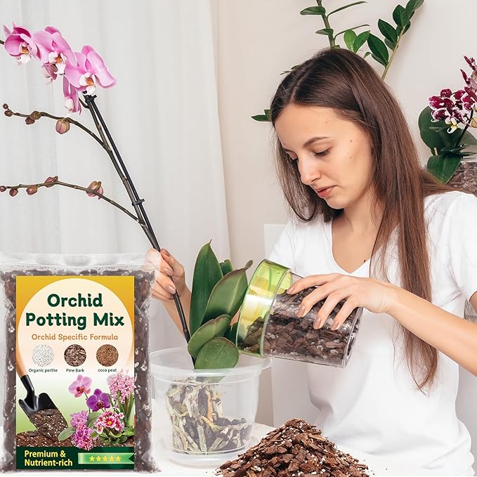 Orchid Potting Mix,Premium Orchid Bark Potting Mix for Repotting Blend with Pine Bark,Perlite,Coco Peat, Natural Ingredients for Indoor Potted Plant, Well Drainage and Ventilation 4QT