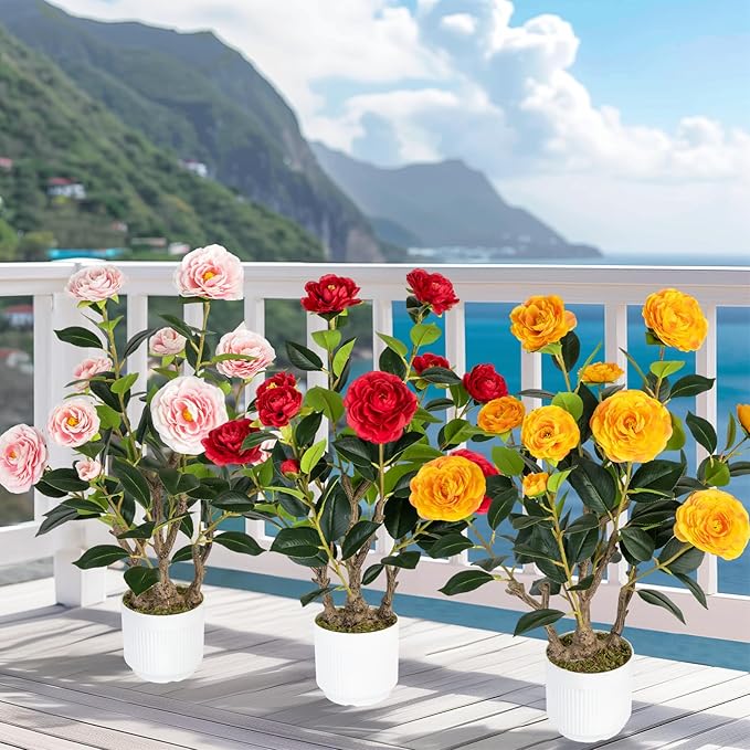2 Pack Artificial Camellia Tree with White Pot, 24" Faux Potted Plants for Indoor Outdoor Decor, Tall Silk Greenery Plant for Home Office Living Room Balcony, Yellow
