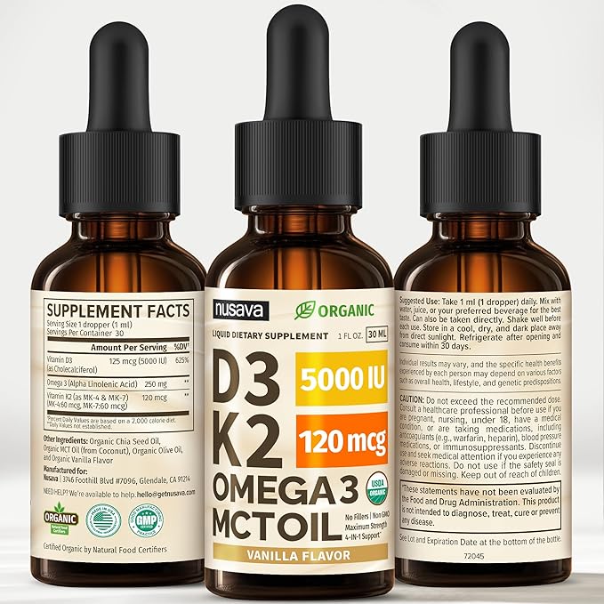 NUSAVA (4 Pack) Organic Vitamin D3 K2 Drops with MCT Oil Omega 3, 5000 IU, Maximum Strength Vitamin D Liquid - No Fillers, Non-GMO Liquid D3 for Faster Absorption & Immune Support (Vanilla, 4 Fl Oz)