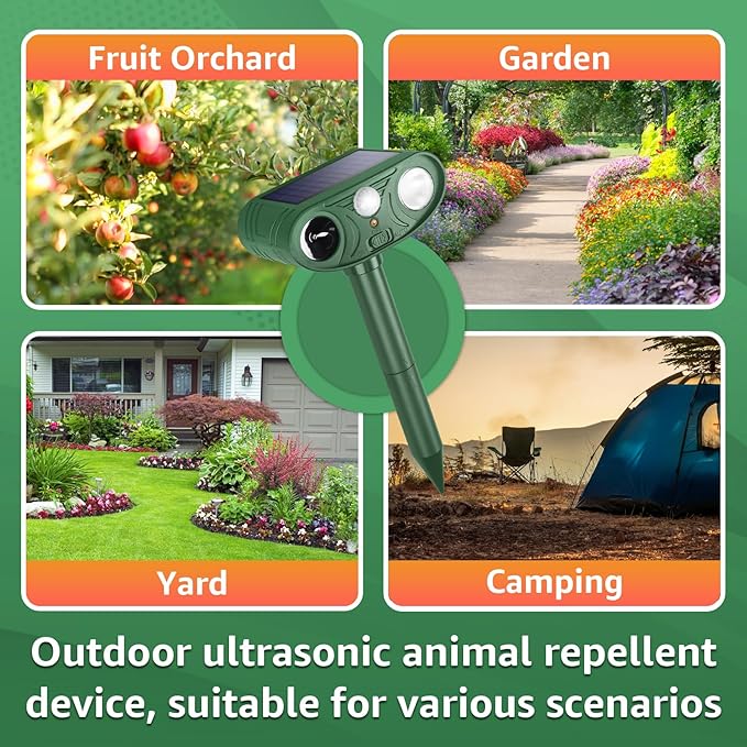 Solar Ultrasonic Animal Repellent Outdoor with Motion Sensor Strobe Light Deer Repellent Devices for Squirrel Rats Snakes Rabbit 25KHZ Silent Deterrent Dual Mode Yard Garden Lawn Pest Control 1PC
