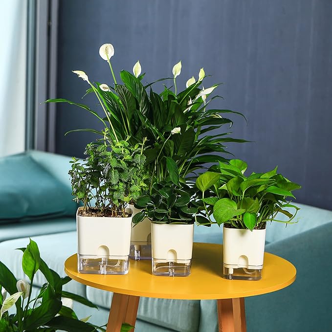 Planterhoma Self Watering Plant Pots for Indoor Plants 10 inch, 3 Packs Rectangle Self-Watering Planters with Drainage Hole, White African Violet Pots for Devil's Ivy, Spider Plant, Orchid, Herb