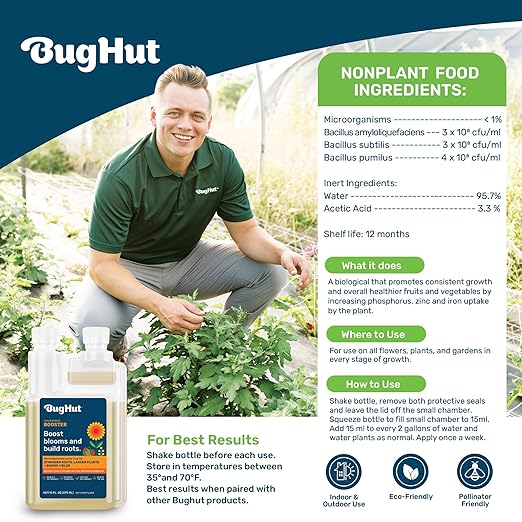 BugHut Booster Liquid Plant Food - Formula for Strong Roots, Vibrant Blooms, and Healthy Growth - Ideal for Indoor & Outdoor Gardening - People, Pets & Pollinator Friendly - 16 fl oz, Makes 63 Gallons