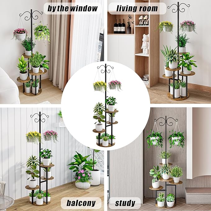 INGIORDAR Plant Stand Indoor Outdoor Corner Flower Stands Multiple Flower Pot Holder for Patio Garden Balcony Living Room 5 Tier with hook Black+Rustic Brown