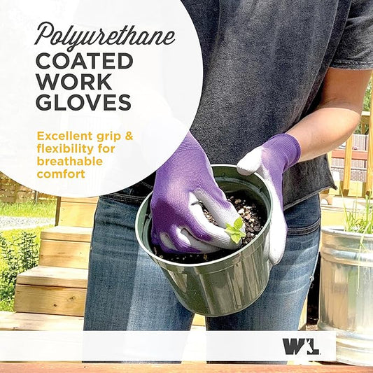 Wells Lamont Gardening Gloves for Women – Breathable Polyester, Seamless Fit – PU-Coated Palm for Grip & Durability – Elastic Wrist – Pink/Green/Purple