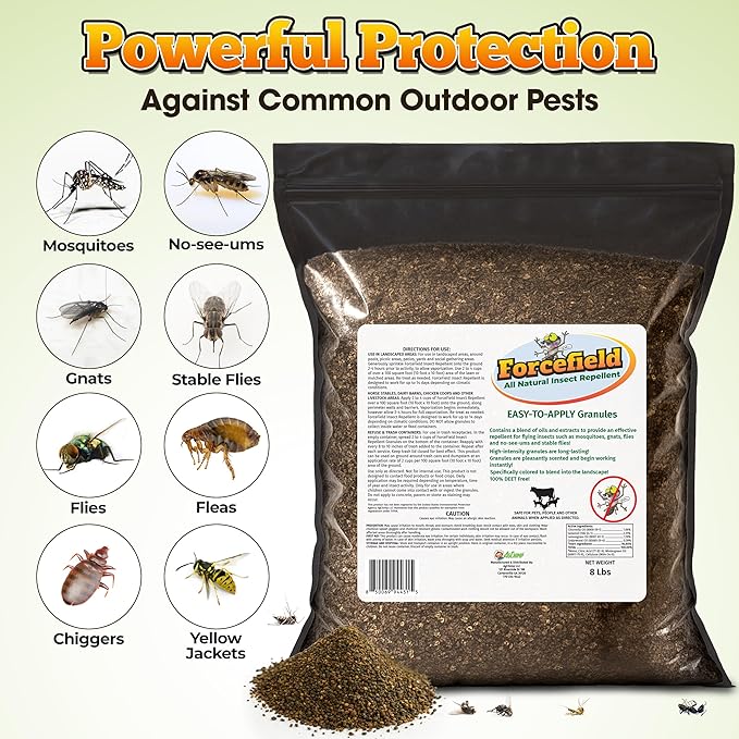ForceField Natural Mosquito Yard Treatment - Repellent Granules for Backyard Mosquito Control | Pet Safe, DEET-Free Outdoor Control | Long-Lasting Barrier for Lawns, Patios, & Barns 8 LB