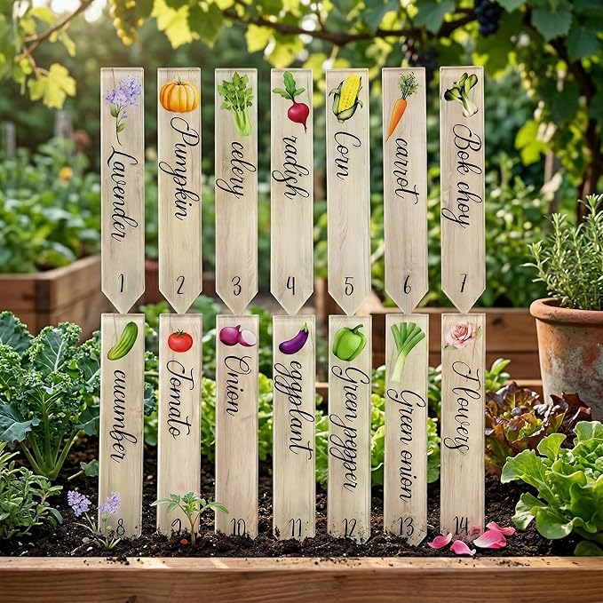 Prudance 14Pcs Acrylic Garden Plant Markers,Faux Wood Pattern Vegetable Stakes,Weatherproof Plant Labels with Printed Images and Names for Indoor Pots,Raised Beds and Outdoor Gardening 5.9x1inch