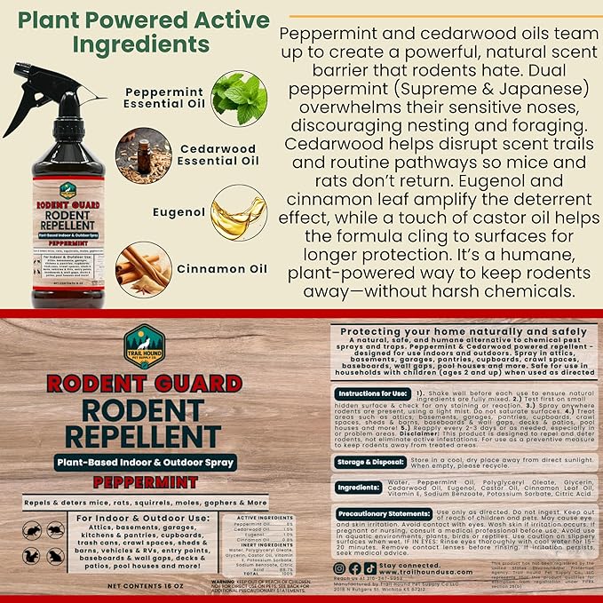 Peppermint Oil Spray for Rodents - Rodent Guard - Natural Peppermint Rodent & Pest Control Spray - Plant-Based Indoor & Outdoor Mouse Spray - Safe Around Pets & Kids - Repels All Mice and Rats 16oz