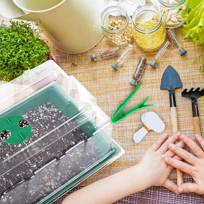 Hahood 6 Packs Seed Starter Tray Kits with Humidity Dome, Plastic Germination Growing Trays with Plants Labels Planting Tools for Seeds Growing Starting, Germination Seedling Propagation, Green