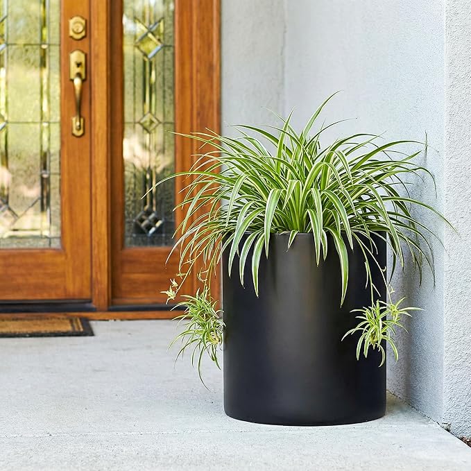 FaithLand 14 Inch Fiberstone Planter - Lightweight Modern Cylinder Plant Pot with Drainage Hole & Plug, Indoor Outdoor Use, Matte Black