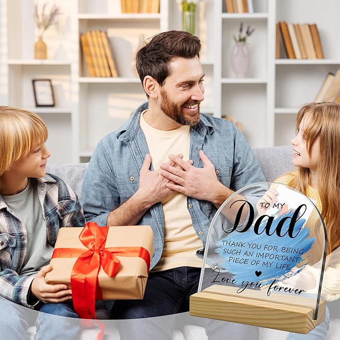 To My Dad Blue Arched Acrylic Sign with Wooden Stand – Heartfelt Birthday & Father’s Day Gifts for Dad from Daughter & Son, Meaningful Keepsake for Stepdad & Father-in-Law, Desk & Home Decor