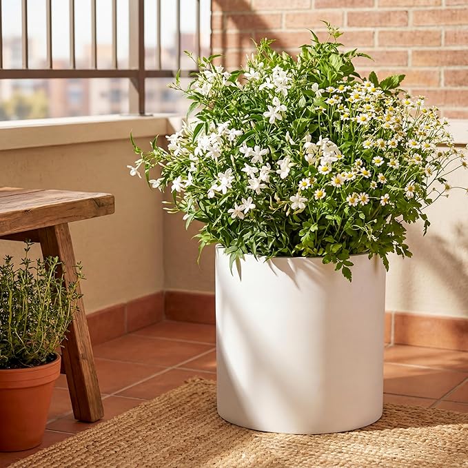 FaithLand 14 Inch Fiberstone Planter - Lightweight Modern Cylinder Plant Pot with Drainage Hole & Plug, Indoor Outdoor Use, Matte White