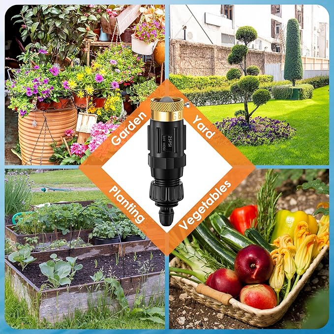 Drip Irrigation Faucet Adapter 25 PSI, 1/4" Tubing Quick Connect to 3/4" Garden Hose with Backflow Preventer, Filter, Plumbers Tape, Pressure Regulator, Copper Drip Irrigation System Fittings