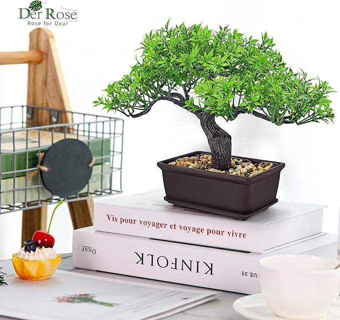 Der Rose 8 Inch Fake Plants Artificial Bonsai Tree Ficus for Home Office Desk Table Shelf Japanese Zen Decor Indoor