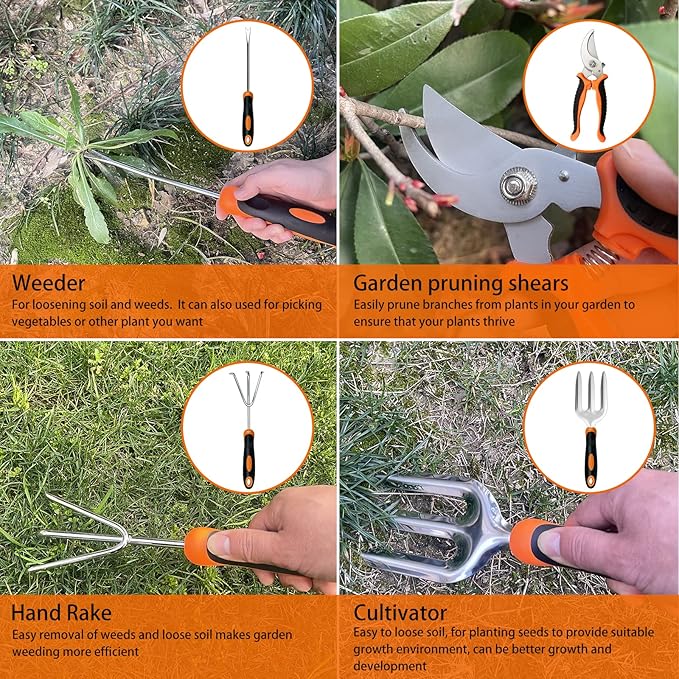 Gardening Tools,10PCS Stainless Steel Heavy Duty Garden Tool Set,Non-Slip Ergonomic Handle and Outdoor Garden Shovel with Storage Gardening Kit,Garden Gifts for Women and Men