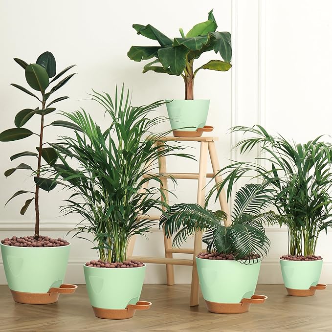 5-Pack Plant Pots with Drainage 7/6.5/6/5.5/5 Inch Self Watering Pots for Indoor Outdoor Plants, Plastic Flower Pots with Drainage Holes and Removable Saucers, Plant Pots with Wicking Rope (Green)