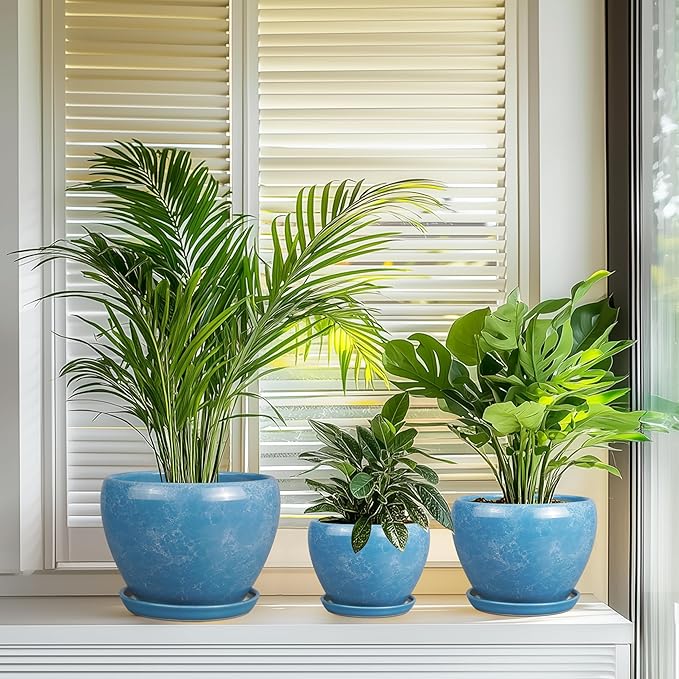 Ceramic Plant Pots - 10+8+6 Inch Modern Round Planters for Indoor Outdoor with Drainage Holes and Plant Saucers, Room Patio House Office Decor, Gardening Gifts for Women Men, Set of 3, Blue